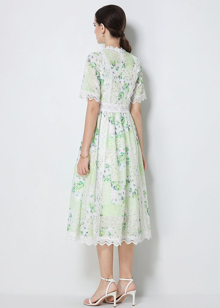 CM-DY071792 Women Elegant European Style Embroidery Round Neck Short Sleeve A-Line Midi Dress (Available in 3 colors)