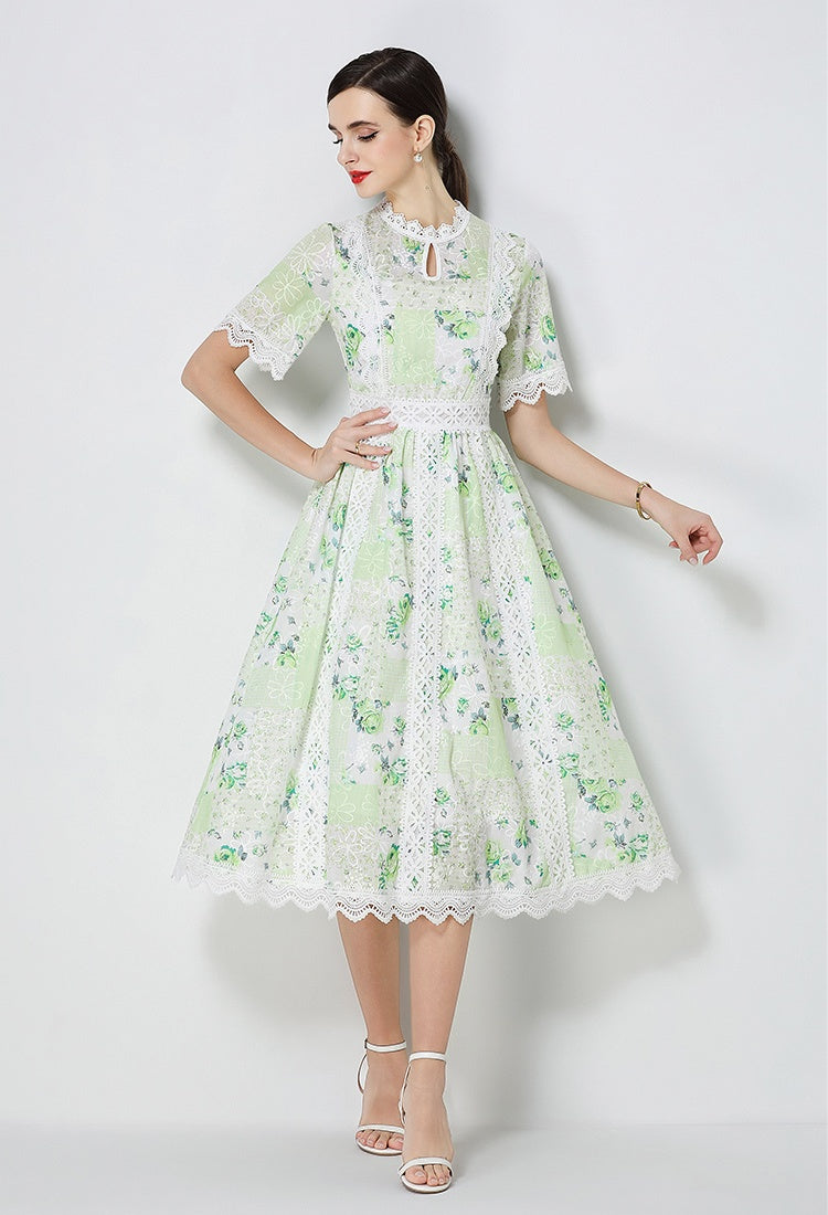 CM-DY071792 Women Elegant European Style Embroidery Round Neck Short Sleeve A-Line Midi Dress (Available in 3 colors)