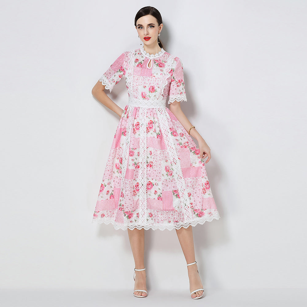 CM-DY071792 Women Elegant European Style Embroidery Round Neck Short Sleeve A-Line Midi Dress (Available in 3 colors)