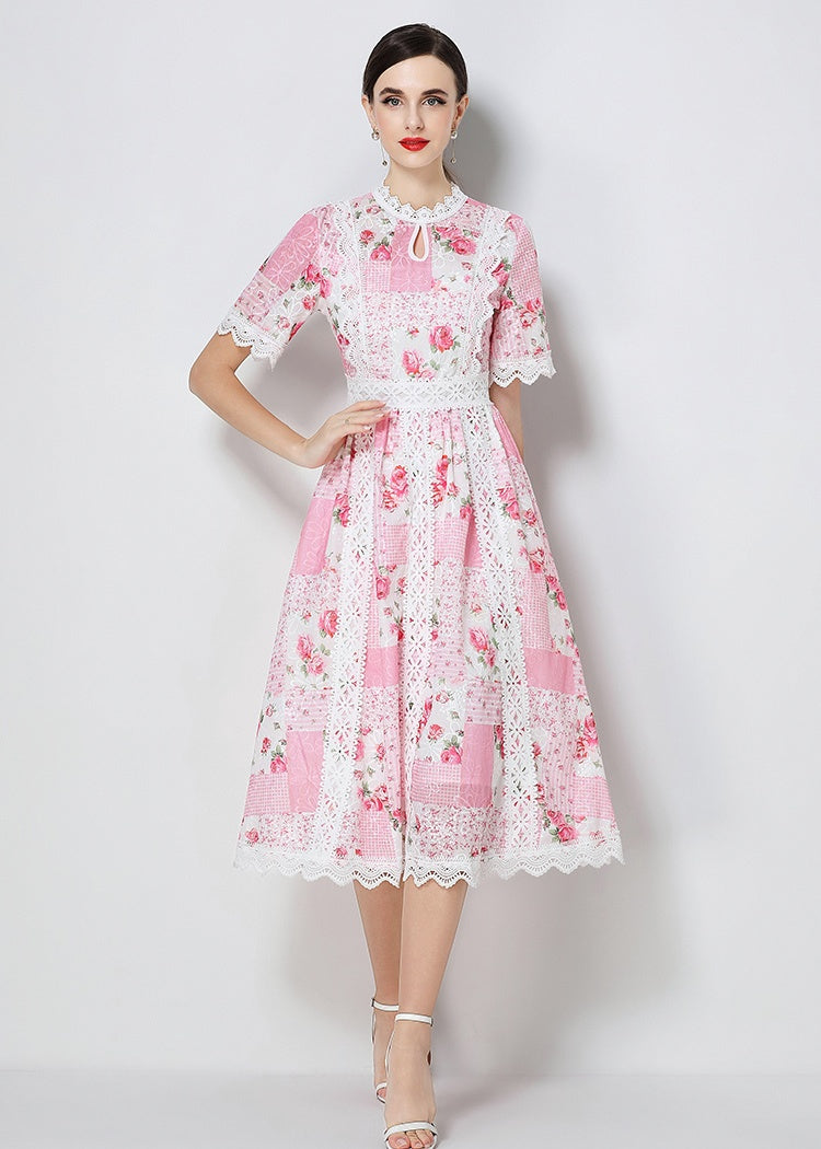 CM-DY071792 Women Elegant European Style Embroidery Round Neck Short Sleeve A-Line Midi Dress (Available in 3 colors)