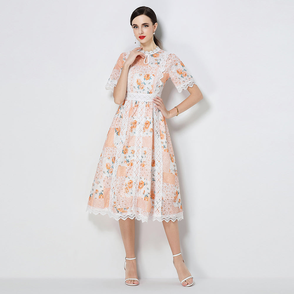 CM-DY071792 Women Elegant European Style Embroidery Round Neck Short Sleeve A-Line Midi Dress (Available in 3 colors)