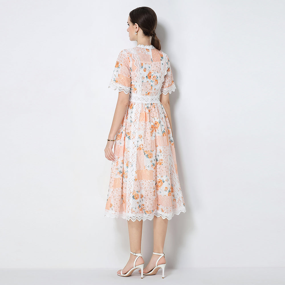 CM-DY071792 Women Elegant European Style Embroidery Round Neck Short Sleeve A-Line Midi Dress (Available in 3 colors)