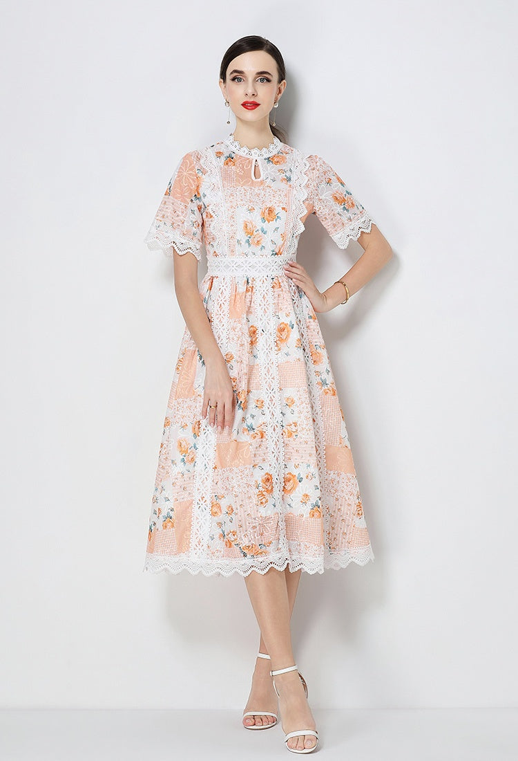 CM-DY071792 Women Elegant European Style Embroidery Round Neck Short Sleeve A-Line Midi Dress (Available in 3 colors)