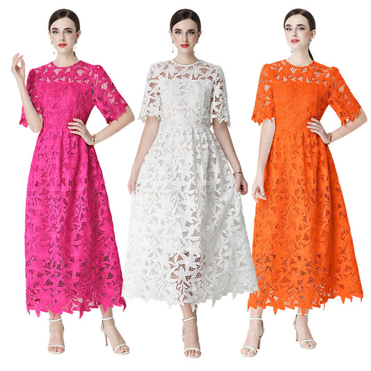 CM-DY071831 Women Elegant European Style Lace Round Neck Short Sleeve Pinched Waist Long Dress (Available in 3 colors)