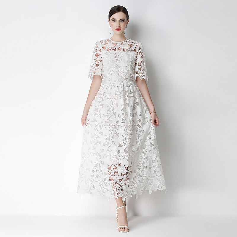CM-DY071831 Women Elegant European Style Lace Round Neck Short Sleeve Pinched Waist Long Dress (Available in 3 colors)