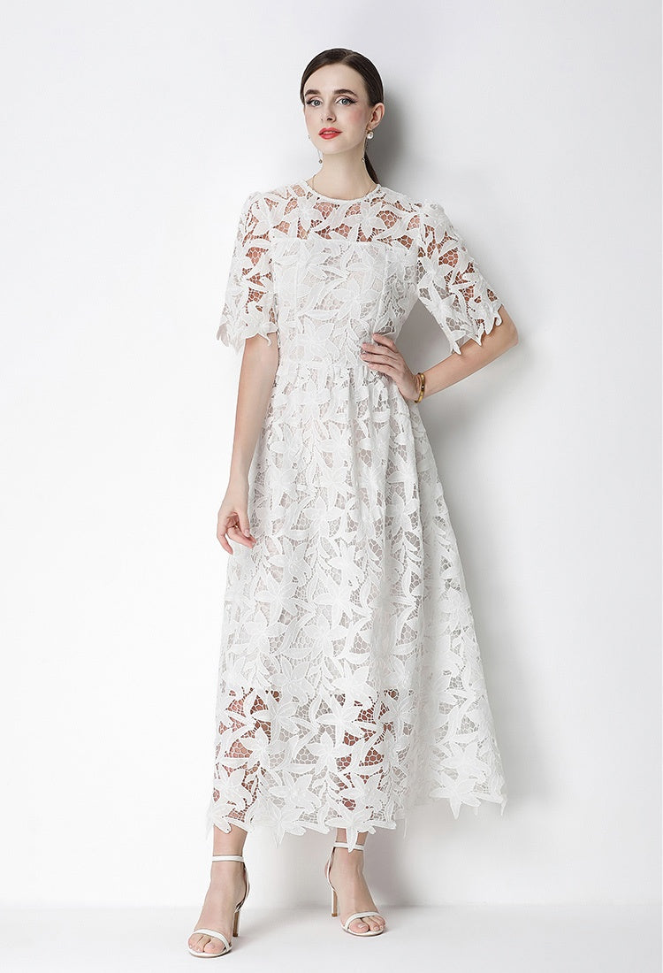 CM-DY071831 Women Elegant European Style Lace Round Neck Short Sleeve Pinched Waist Long Dress (Available in 3 colors)