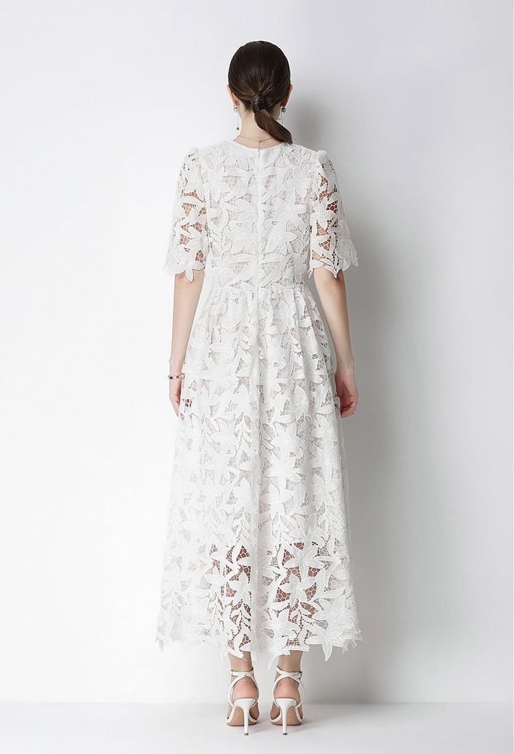 CM-DY071831 Women Elegant European Style Lace Round Neck Short Sleeve Pinched Waist Long Dress (Available in 3 colors)