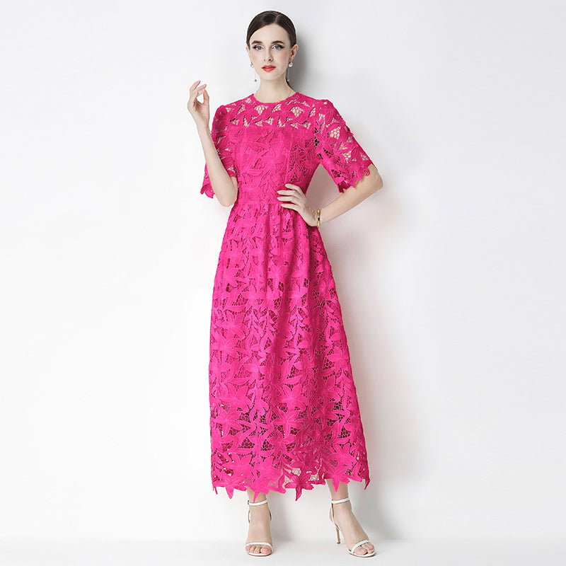CM-DY071831 Women Elegant European Style Lace Round Neck Short Sleeve Pinched Waist Long Dress (Available in 3 colors)