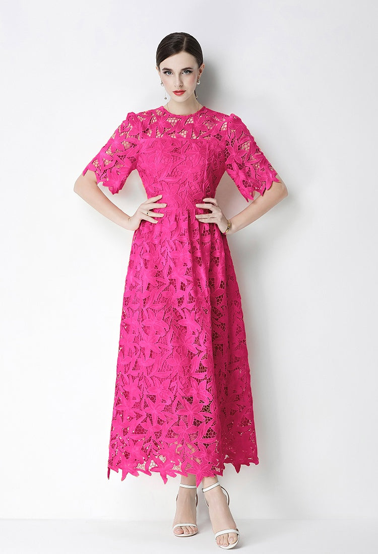CM-DY071831 Women Elegant European Style Lace Round Neck Short Sleeve Pinched Waist Long Dress (Available in 3 colors)