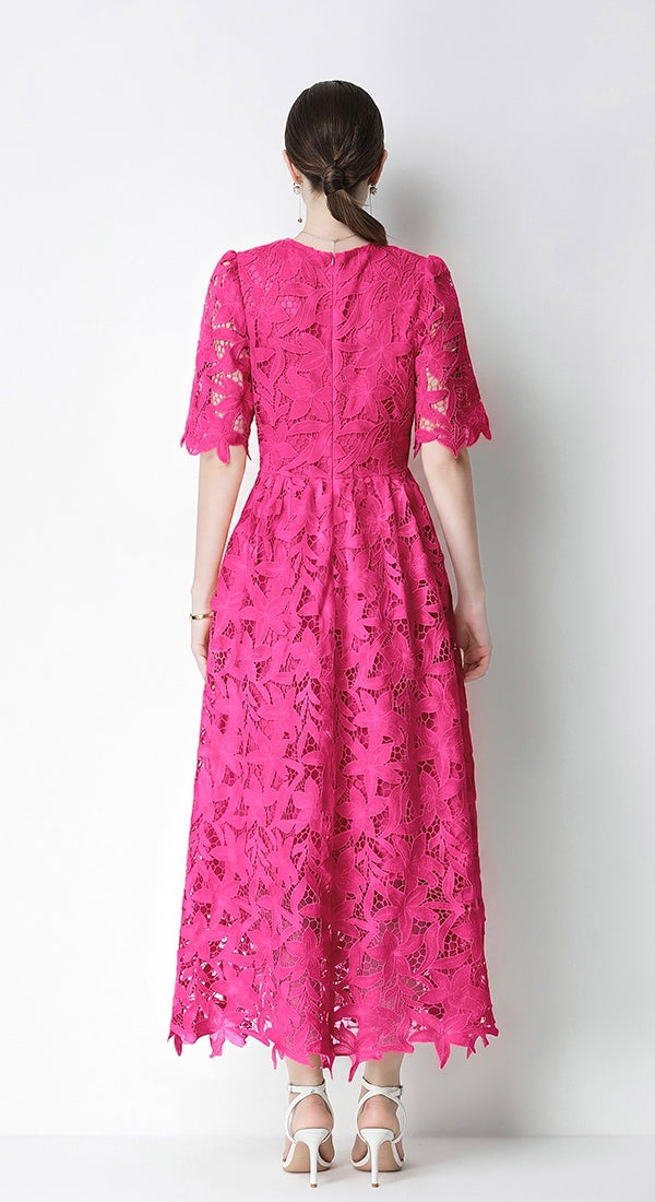 CM-DY071831 Women Elegant European Style Lace Round Neck Short Sleeve Pinched Waist Long Dress (Available in 3 colors)