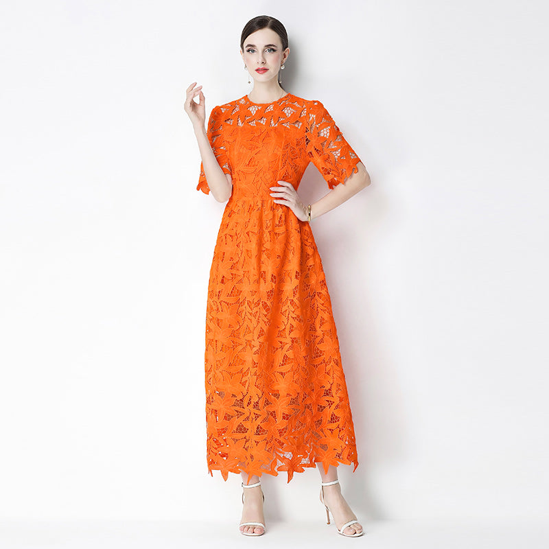 CM-DY071831 Women Elegant European Style Lace Round Neck Short Sleeve Pinched Waist Long Dress (Available in 3 colors)