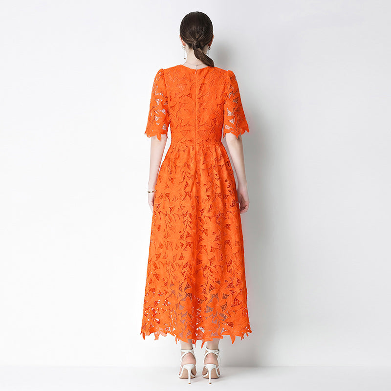 CM-DY071831 Women Elegant European Style Lace Round Neck Short Sleeve Pinched Waist Long Dress (Available in 3 colors)