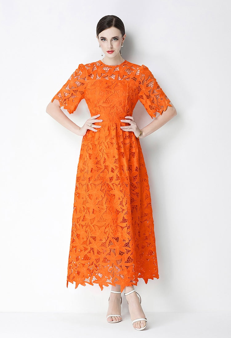 CM-DY071831 Women Elegant European Style Lace Round Neck Short Sleeve Pinched Waist Long Dress (Available in 3 colors)