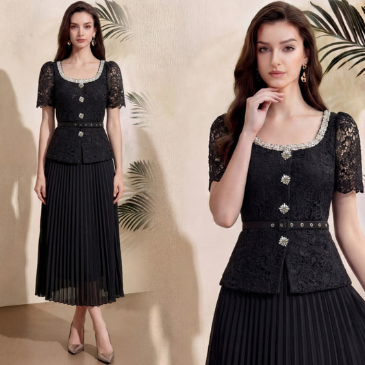 CM-DY071908 Women Elegant European Style Rhinestones Decor Round Neck Short Sleeve Pleated Midi Dress - Black