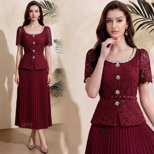 CM-DY071909 Women Elegant European Style Rhinestones Decor Round Neck Short Sleeve Pleated Midi Dress - Dark Red