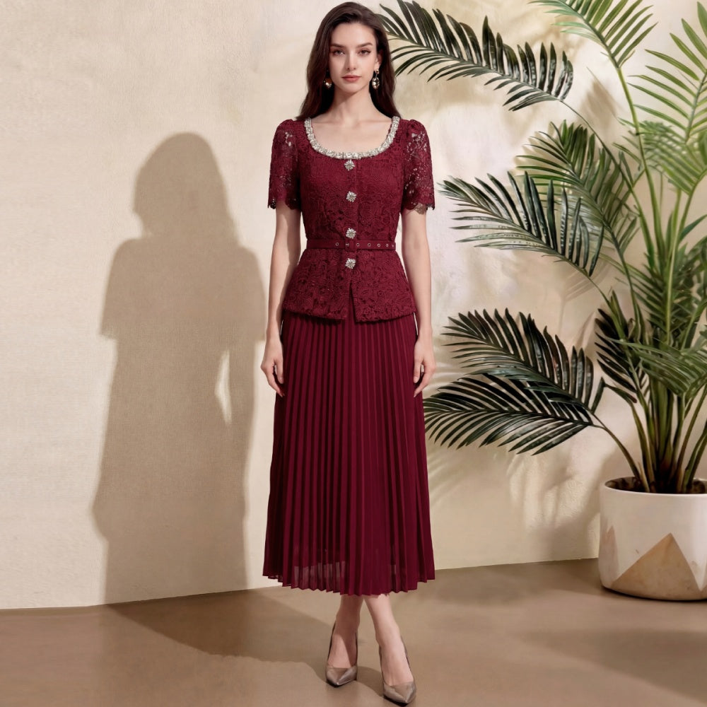 CM-DY071909 Women Elegant European Style Rhinestones Decor Round Neck Short Sleeve Pleated Midi Dress - Dark Red