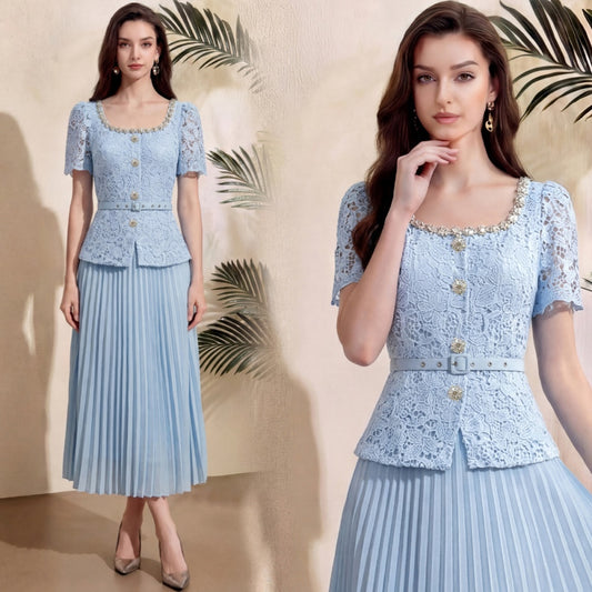 CM-DY071910 Women Elegant European Style Rhinestones Decor Round Neck Short Sleeve Pleated Midi Dress - Blue