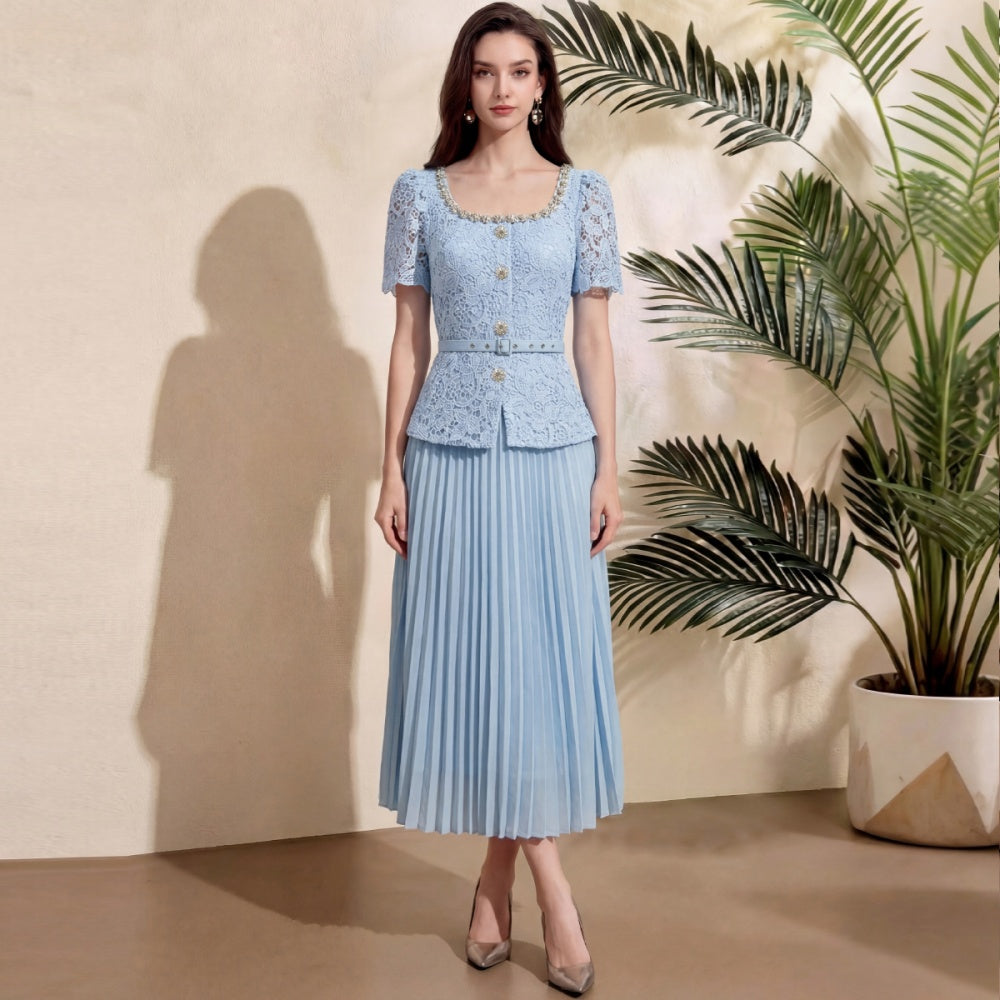 CM-DY071910 Women Elegant European Style Rhinestones Decor Round Neck Short Sleeve Pleated Midi Dress - Blue