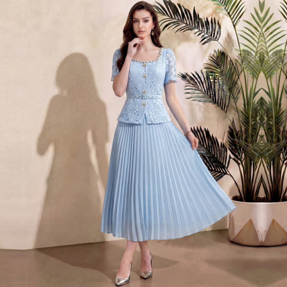 CM-DY071910 Women Elegant European Style Rhinestones Decor Round Neck Short Sleeve Pleated Midi Dress - Blue