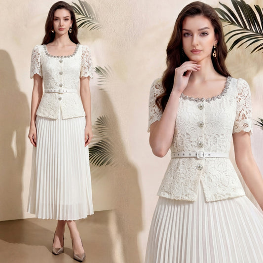 CM-DY071911 Women Elegant European Style Rhinestones Decor Round Neck Short Sleeve Pleated Midi Dress - Apricot