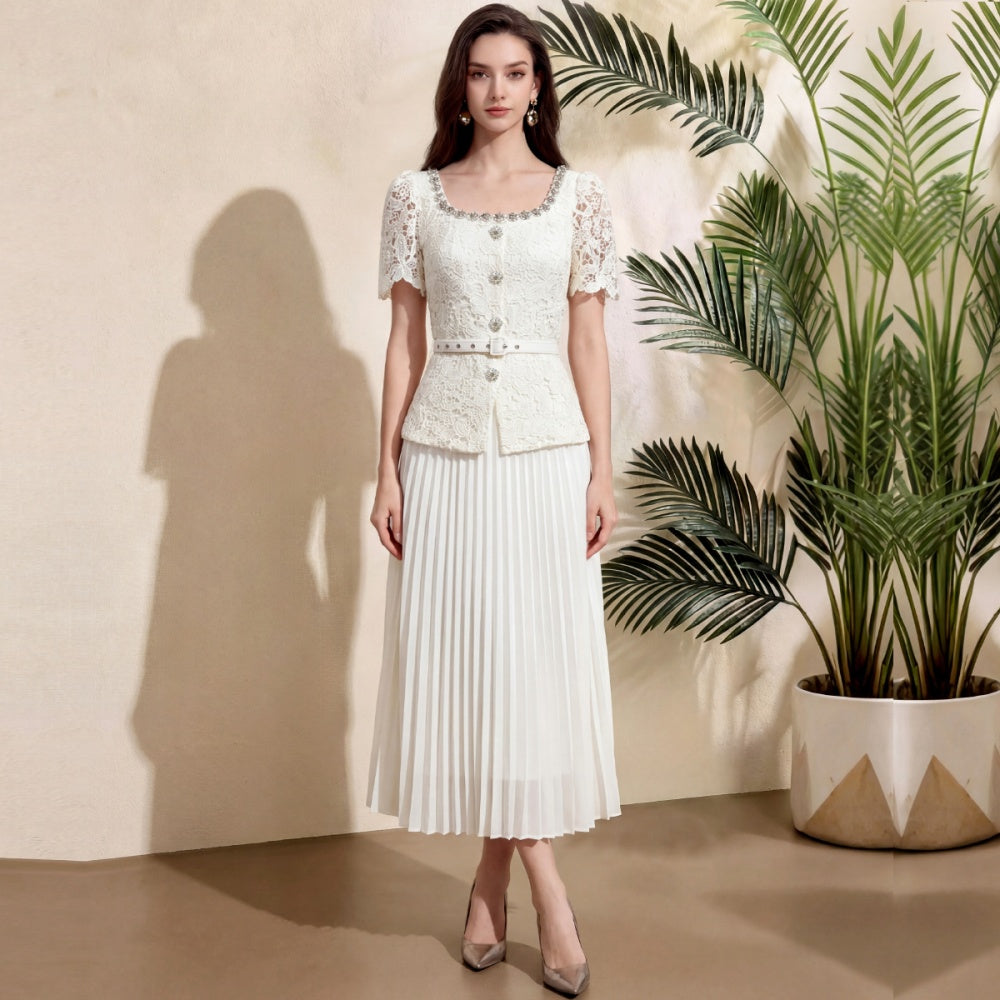 CM-DY071911 Women Elegant European Style Rhinestones Decor Round Neck Short Sleeve Pleated Midi Dress - Apricot