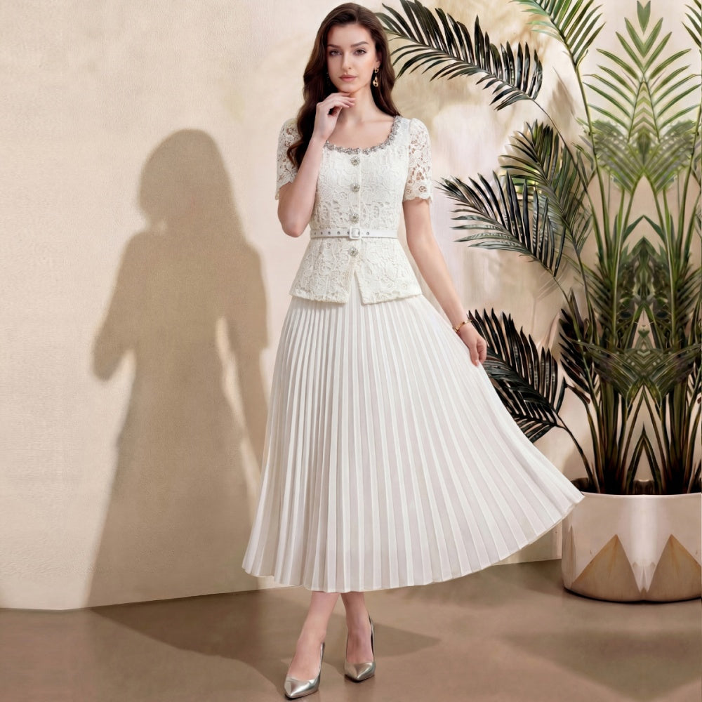 CM-DY071911 Women Elegant European Style Rhinestones Decor Round Neck Short Sleeve Pleated Midi Dress - Apricot