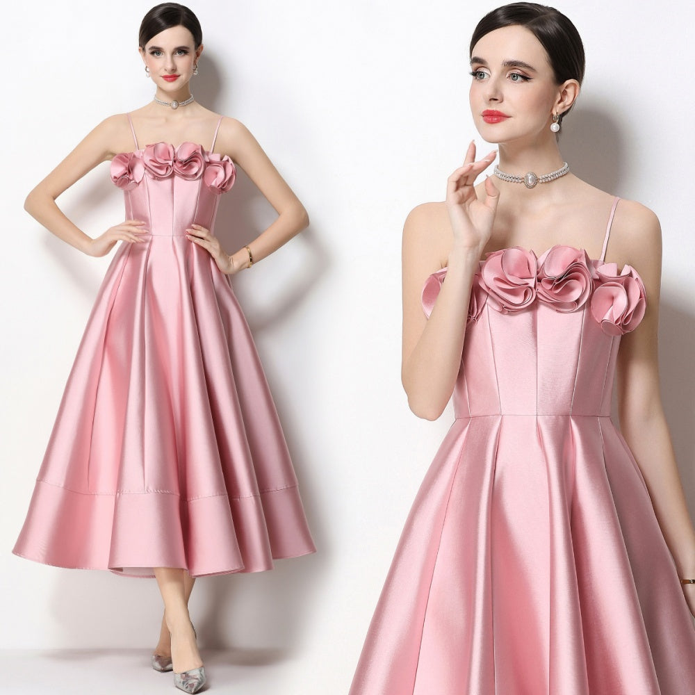 CM-DY071930 Women Elegant European Style Floral Decor Sleeveless High Waist A-Line Satin Dress - Pink