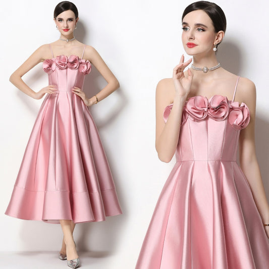 CM-DY071930 Women Elegant European Style Floral Decor Sleeveless High Waist A-Line Satin Dress - Pink