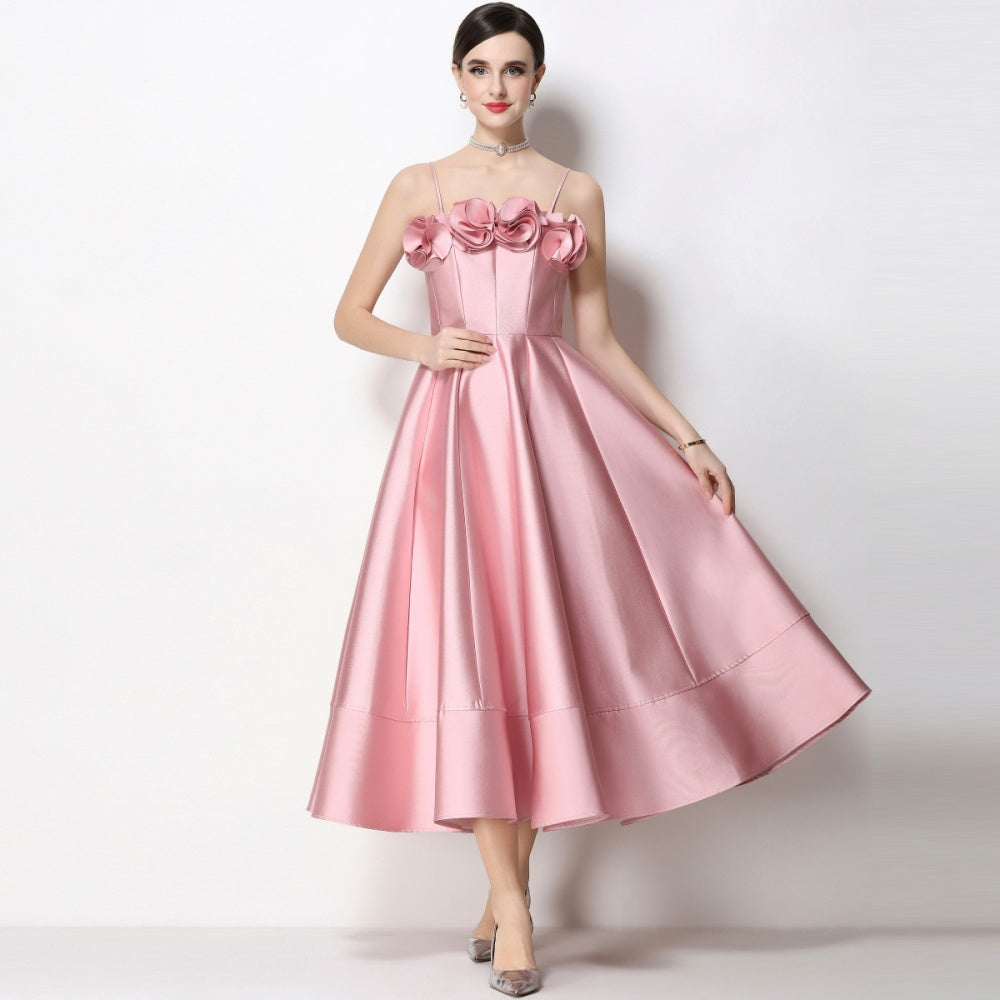 CM-DY071930 Women Elegant European Style Floral Decor Sleeveless High Waist A-Line Satin Dress - Pink