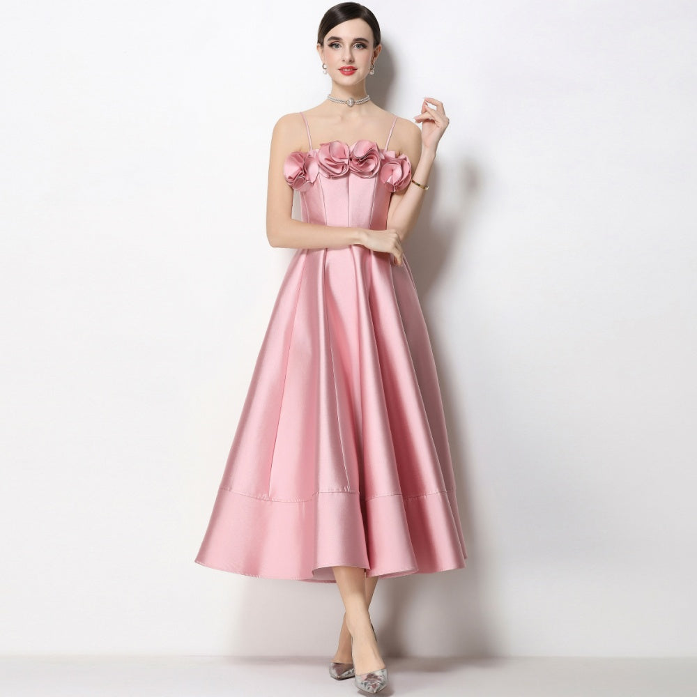 CM-DY071930 Women Elegant European Style Floral Decor Sleeveless High Waist A-Line Satin Dress - Pink
