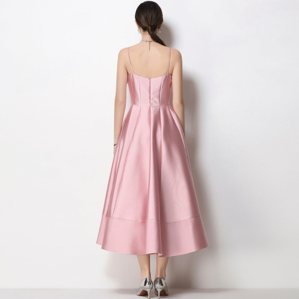 CM-DY071930 Women Elegant European Style Floral Decor Sleeveless High Waist A-Line Satin Dress - Pink
