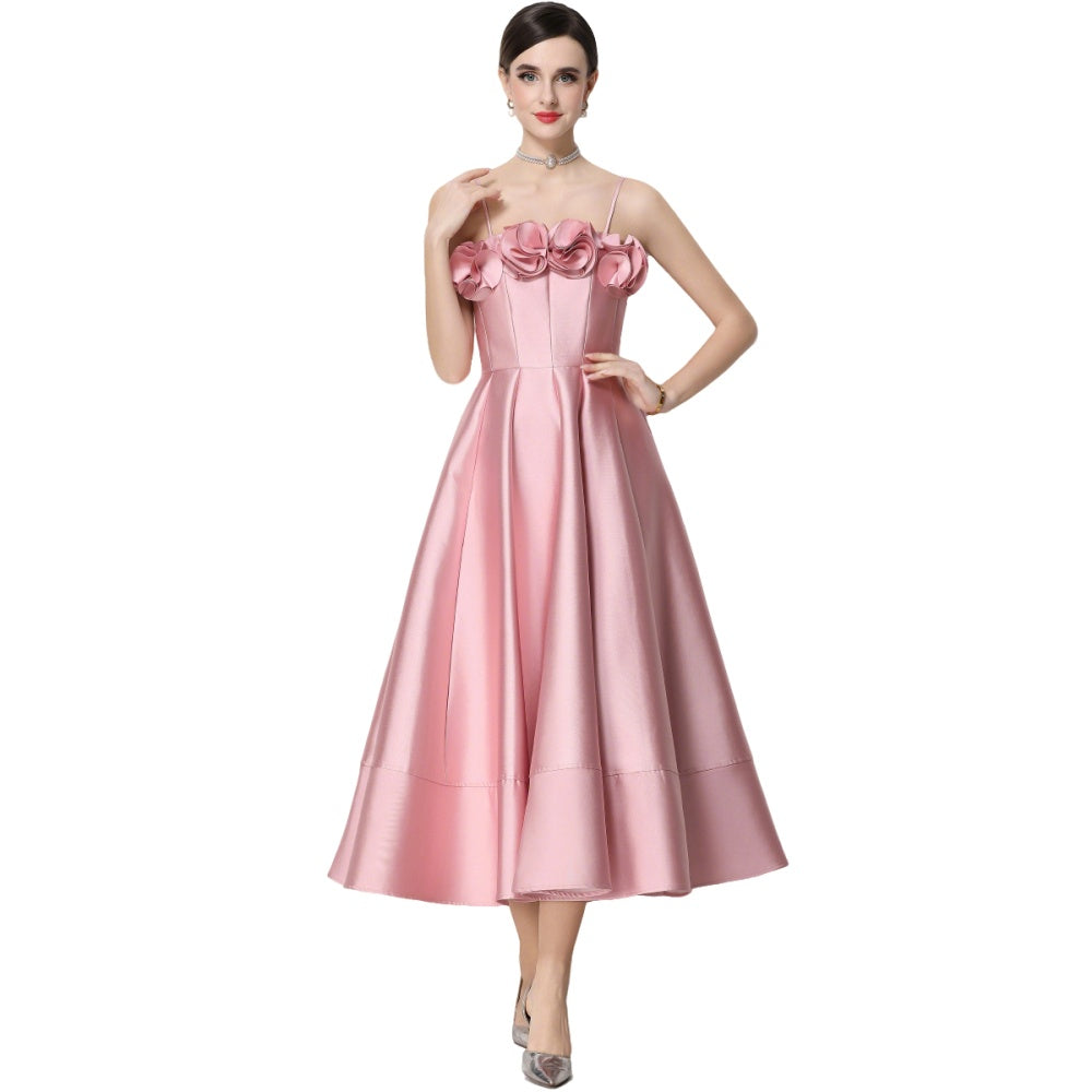 CM-DY071930 Women Elegant European Style Floral Decor Sleeveless High Waist A-Line Satin Dress - Pink