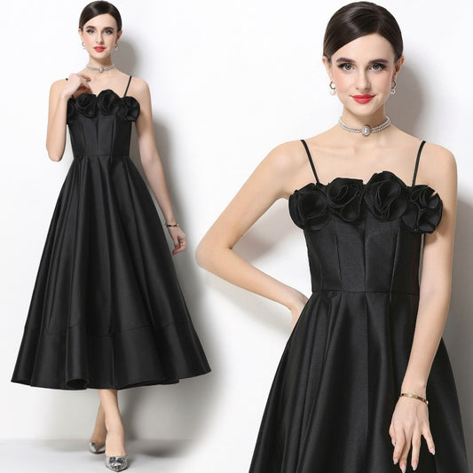 CM-DY071931 Women Elegant European Style Floral Decor Sleeveless High Waist A-Line Satin Dress - Black