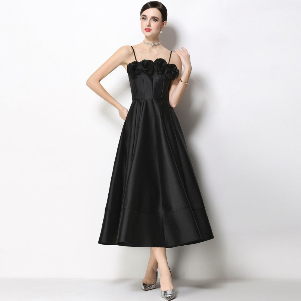 CM-DY071931 Women Elegant European Style Floral Decor Sleeveless High Waist A-Line Satin Dress - Black