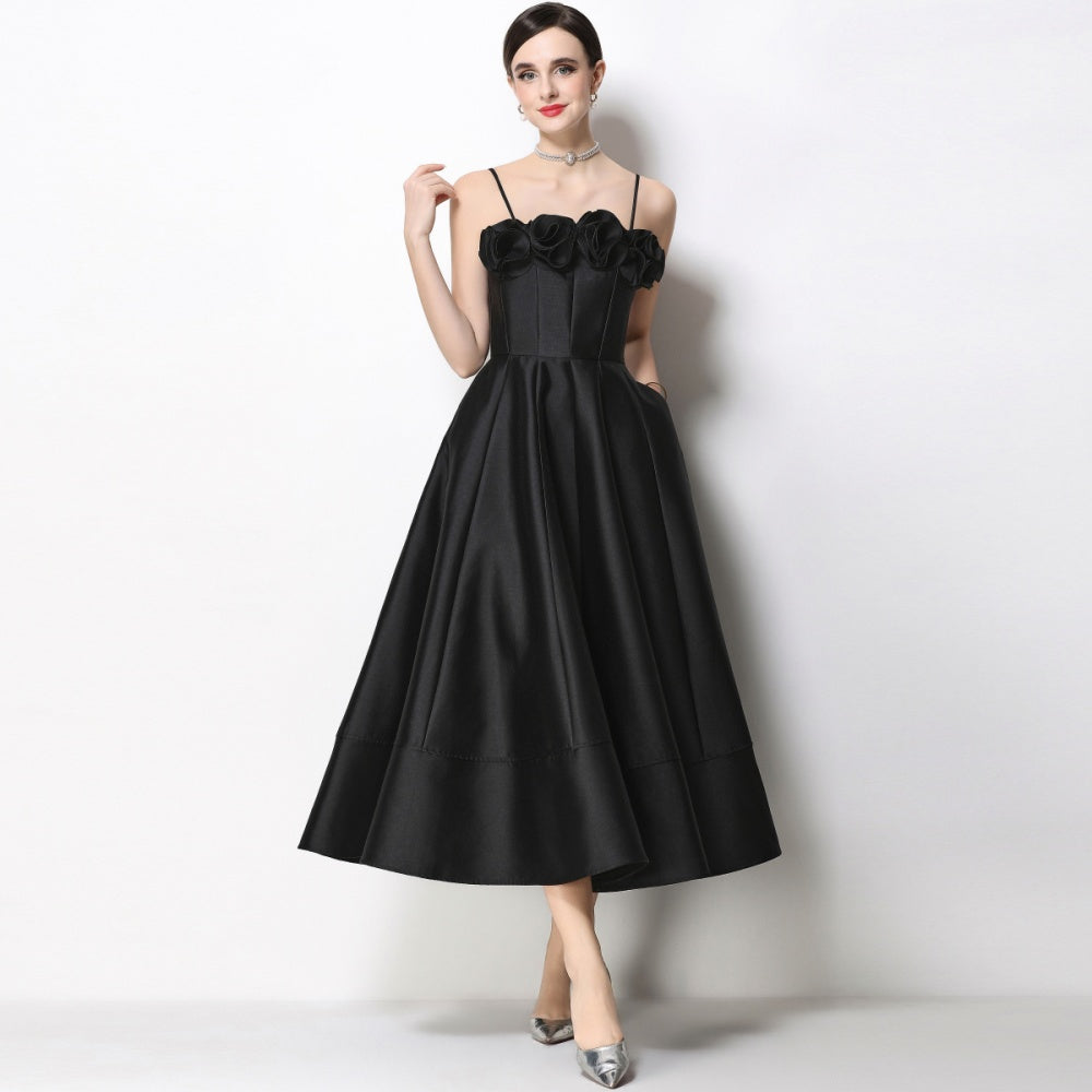 CM-DY071931 Women Elegant European Style Floral Decor Sleeveless High Waist A-Line Satin Dress - Black
