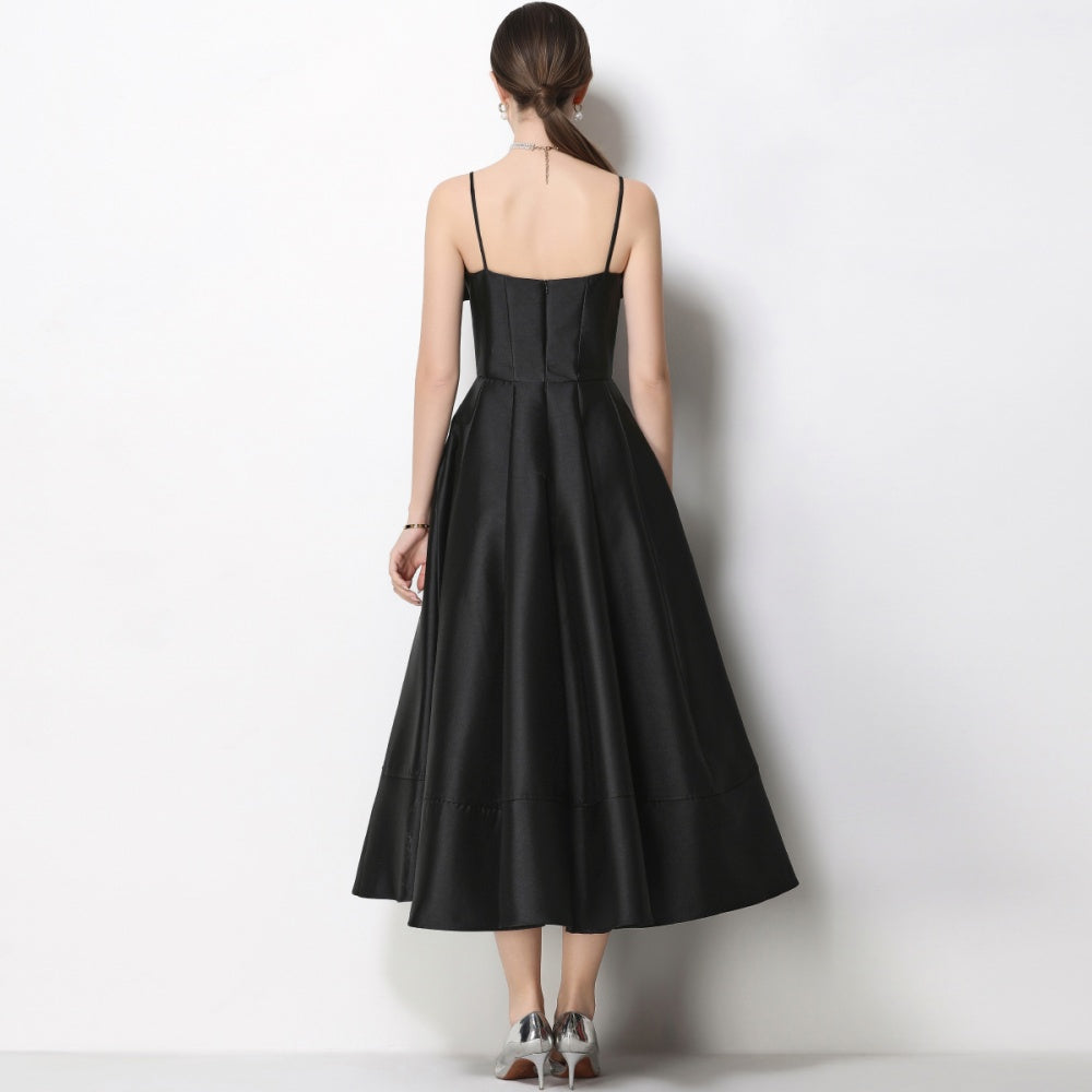CM-DY071931 Women Elegant European Style Floral Decor Sleeveless High Waist A-Line Satin Dress - Black