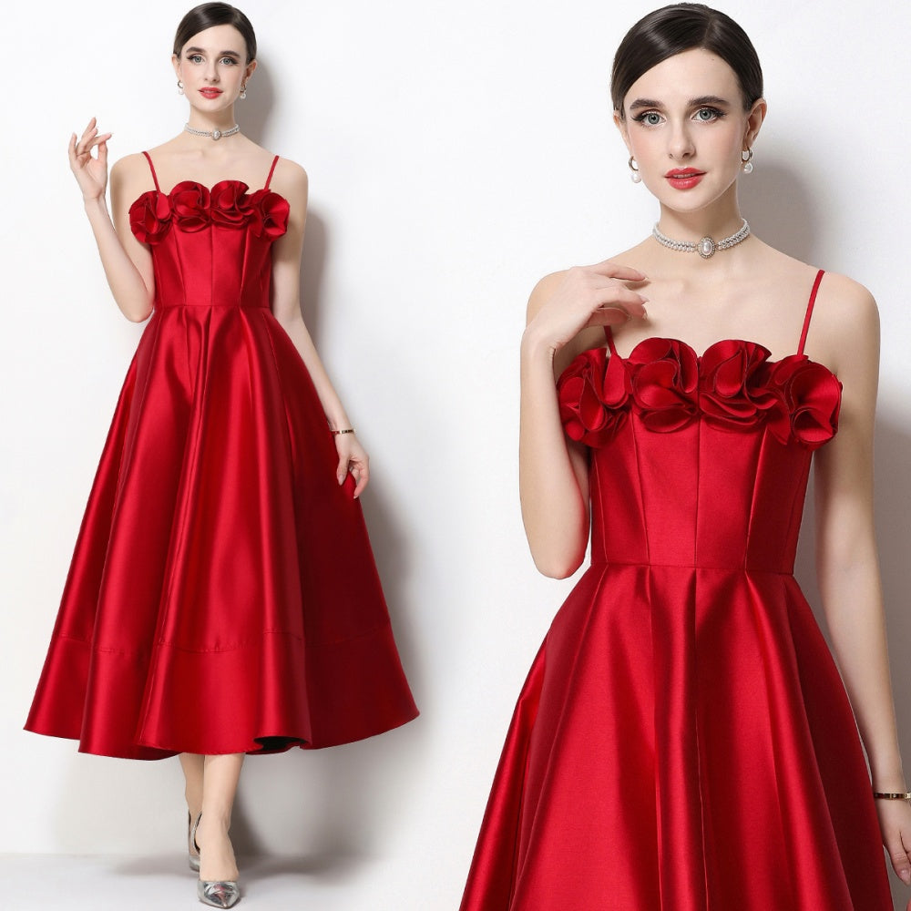 CM-DY071932 Women Elegant European Style Floral Decor Sleeveless High Waist A-Line Satin Dress - Red