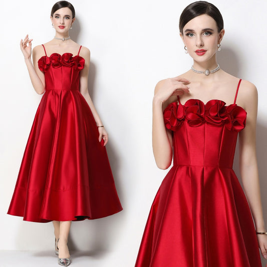 CM-DY071932 Women Elegant European Style Floral Decor Sleeveless High Waist A-Line Satin Dress - Red