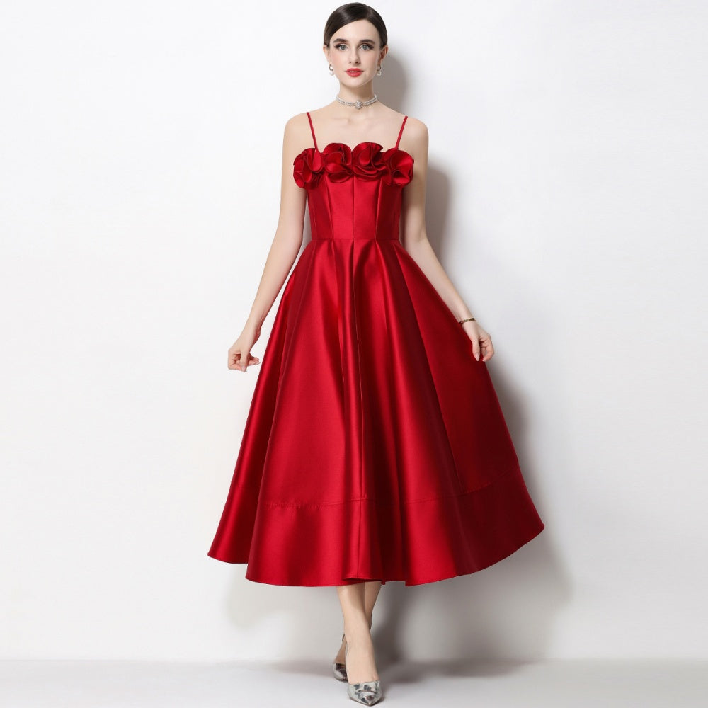 CM-DY071932 Women Elegant European Style Floral Decor Sleeveless High Waist A-Line Satin Dress - Red