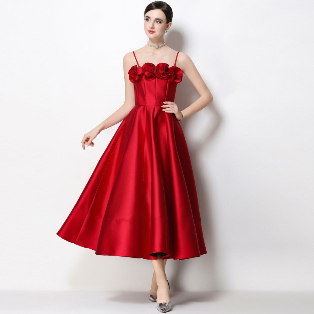 CM-DY071932 Women Elegant European Style Floral Decor Sleeveless High Waist A-Line Satin Dress - Red