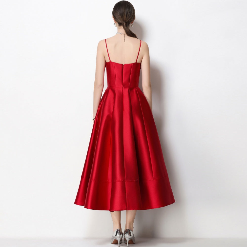 CM-DY071932 Women Elegant European Style Floral Decor Sleeveless High Waist A-Line Satin Dress - Red