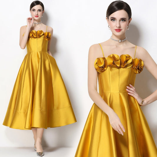 CM-DY071933 Women Elegant European Style Floral Decor Sleeveless High Waist A-Line Satin Dress - Yellow