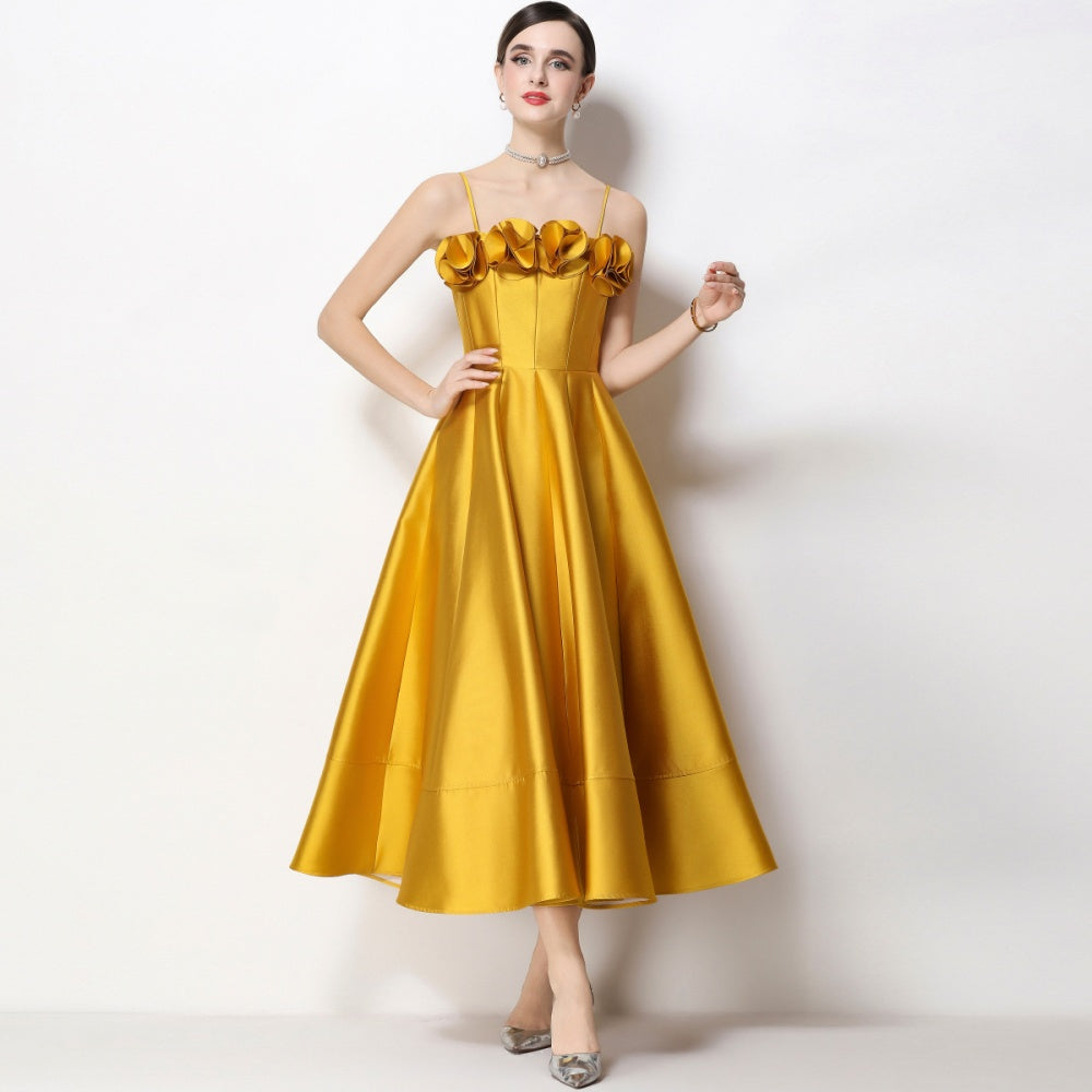 CM-DY071933 Women Elegant European Style Floral Decor Sleeveless High Waist A-Line Satin Dress - Yellow