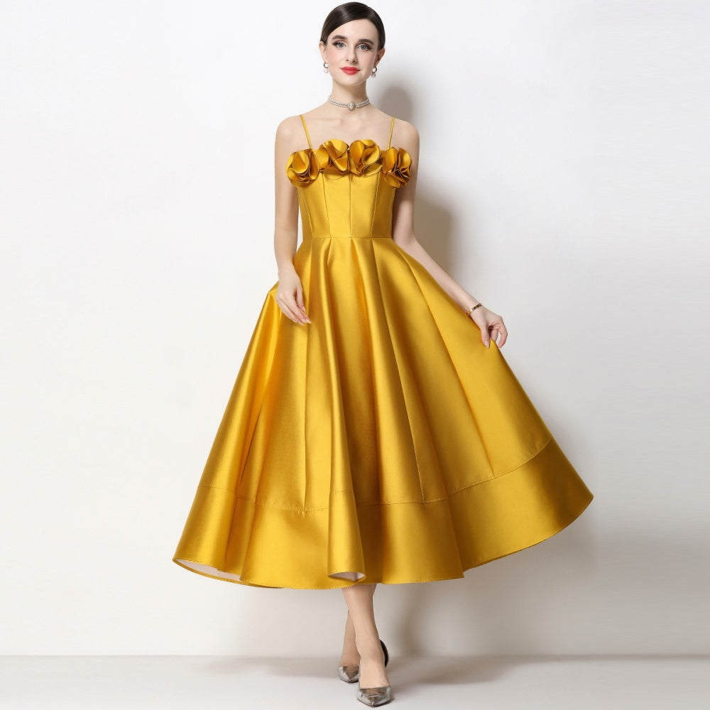 CM-DY071933 Women Elegant European Style Floral Decor Sleeveless High Waist A-Line Satin Dress - Yellow