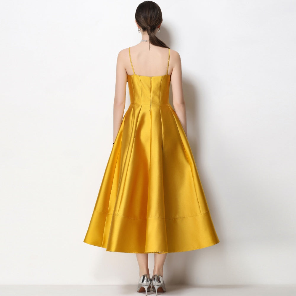 CM-DY071933 Women Elegant European Style Floral Decor Sleeveless High Waist A-Line Satin Dress - Yellow
