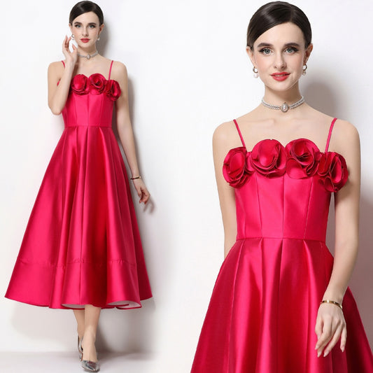 CM-DY071934 Women Elegant European Style Floral Decor Sleeveless High Waist A-Line Satin Dress - Rose Red