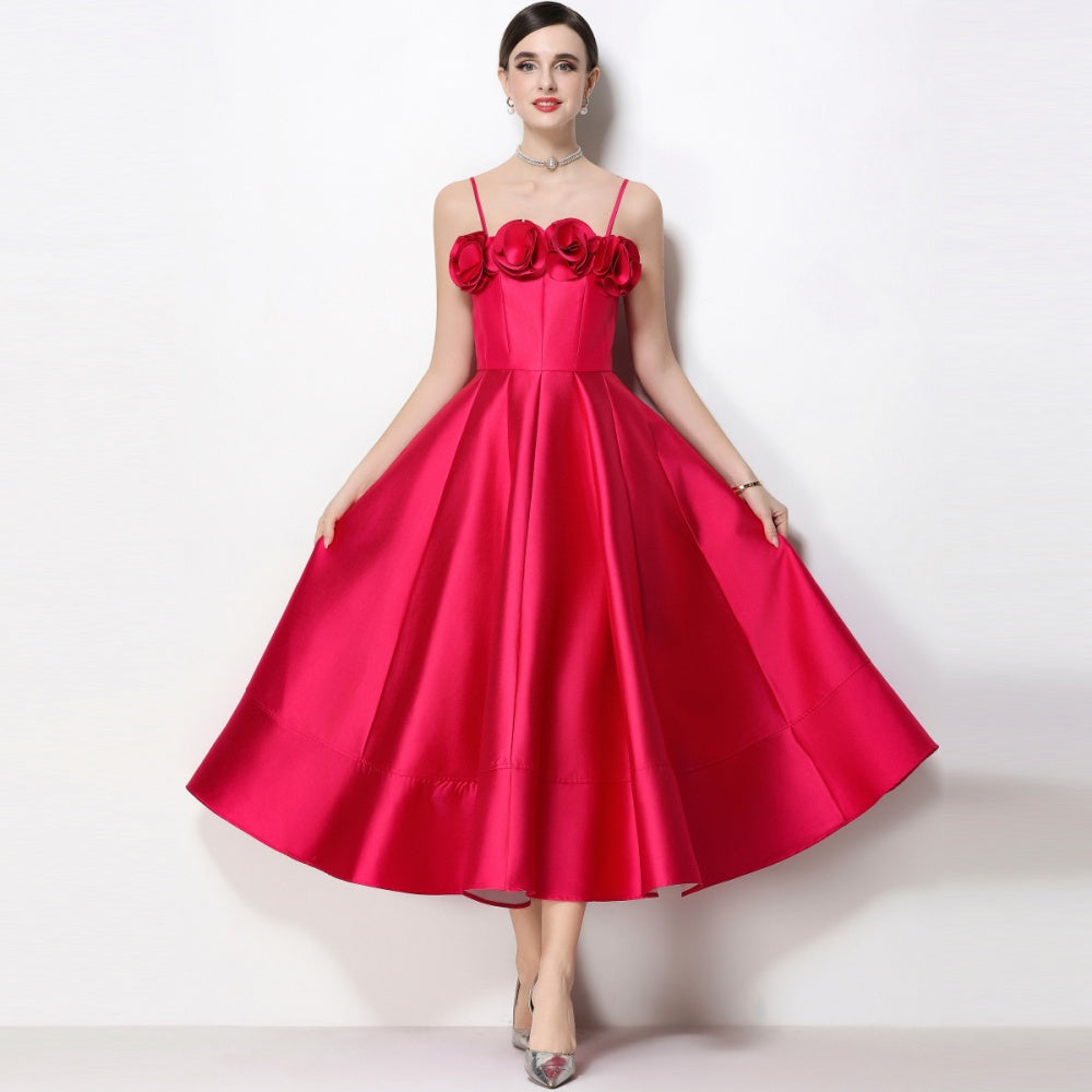 CM-DY071934 Women Elegant European Style Floral Decor Sleeveless High Waist A-Line Satin Dress - Rose Red