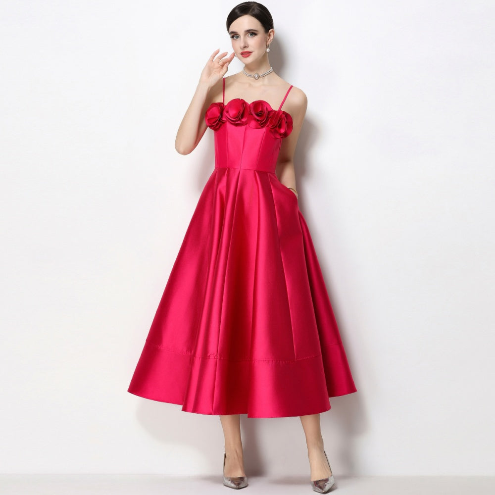 CM-DY071934 Women Elegant European Style Floral Decor Sleeveless High Waist A-Line Satin Dress - Rose Red