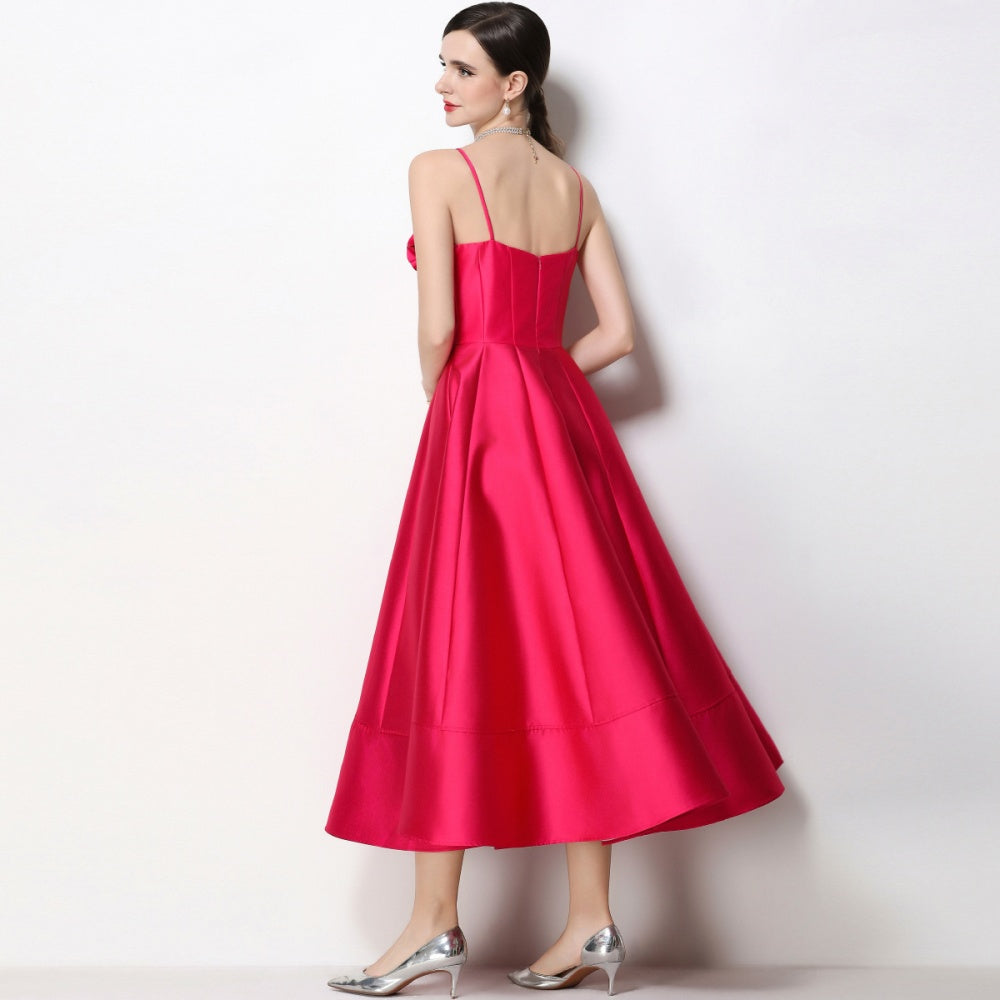 CM-DY071934 Women Elegant European Style Floral Decor Sleeveless High Waist A-Line Satin Dress - Rose Red