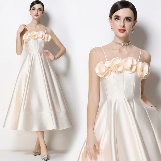 CM-DY071935 Women Elegant European Style Floral Decor Sleeveless High Waist A-Line Satin Dress - Apricot